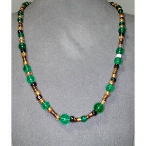 Vintage Green & Gold Glass Bead Necklace 28" Single Strand With Screw Clasp